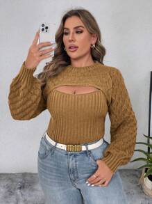 Elenzga Plus Size Women Solid Color Hollow Out Long Sleeve Casual Pullover Sweater, Autumn/Winter Knit Pullover Fall - Brown - View 3