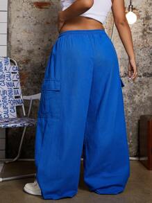 SHEIN ICON Plus Size Casual Drawstring Waist Loose Fit Solid Color Denim Cargo Pants For Spring/Autumn - Blue - View 2