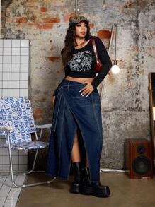 SHEIN ICON Váy chữ A denim cạp chéo màu trơn cỡ lớn - Rửa tối - Xem 5