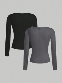 SHEIN EZwear 2 件套女士圆领纯色修身长袖 T 恤套装，秋冬季休闲家居服 - 彩色 - 查看 2