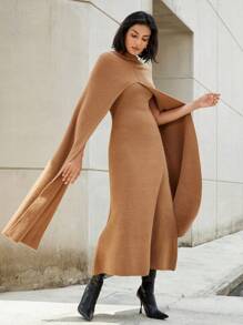 Aveloria Modichic 2 Stücke Damen Herbstmode Set, enthält hochgeschlossenen warmen und bequemen Cape und passendes Kleid, stilvoller Straßenmode Look für Damen - Khaki - Übersicht 2