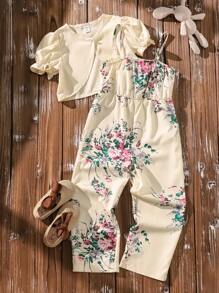 SHEIN 年輕女孩泡泡袖上衣和花卉印花背心連身褲