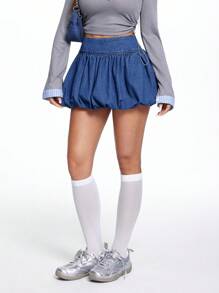 SHEIN EZwear 女式 90 年代时尚复古牛仔泡泡裙，重返校园 - 深色水洗藍 - 查看 5