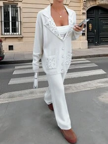 RueChic 2 Pcs Button Pearl Detail Cardigan And Pant - Beige - View 4