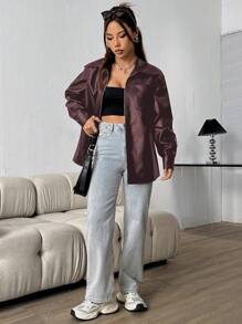 SHEIN Unity Women Solid Color PU Leather Zip-Up Casual Jacket, Autumn - Burgundy - View 5