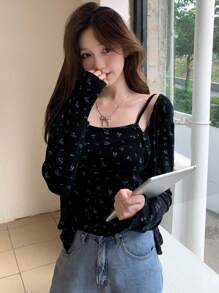 DAZY 2 件套女式碎花单排扣长袖 T 恤和细肩带背心，秋季女装 - 黑色 - 查看 5