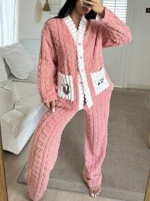 女士冬季毛绒熊印花长袖上衣和裤子睡衣套装 - 彩色 - 查看 4