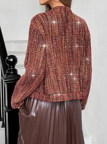 SHEIN Essnce Women's Red Jacket Fashion Sequin Embellished Cropped Long Sleeve Jacket, Autumn Winter Women Clothes Christmas Clothes Thanksgiving Clothes - Multicolor - View 5