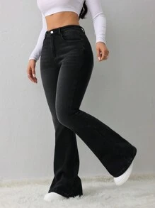 SHEIN Tall 女款休閒緊身彈性喇叭牛仔褲，黑色天鵝絨冬季保暖丹寧泰迪毛絨加絨內搭褲，女裝，適合高個女性 - 黑色 - 查看 6