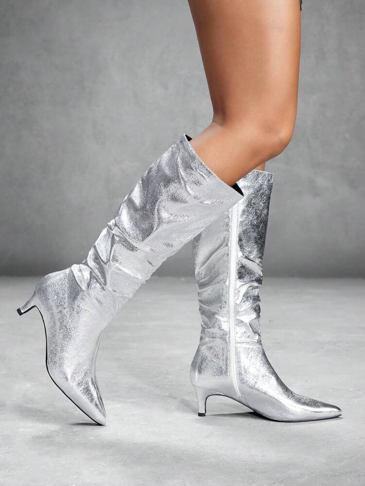 CUCCOO SZL Pointed Toe Kitten Heel Pleated Niche Crease Gold Colored High Heel Knee-High Boots, French Chic Style For Women For Spring Break Easter Spring Shoes