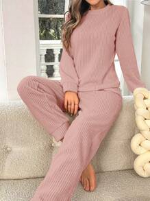 2pcs Solid Color Sherpa Crew Neck Long Sleeve Top And Pants Fluffy Pajama Set Cozy Outfit, Fall Winter Clothes