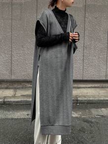 FRIFUL 女士休闲人字纹印花V领蝙蝠袖高开衩长款开衫，秋季女装外套 - 黑色 - 查看 7