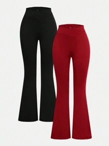 Bộ 2 quần ống loe thường ngày cho bé gái tuổi teen, quần ống loe cạp cao, đen và đỏ, bộ sưu tập thu đông 2024 - Nhiều màu - Xem 1