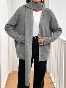 SHEIN Frenchy Cárdigan casual de mujer de unicolor, manga larga con caída en los hombros y bolsillos dobles, para otoño/invierno