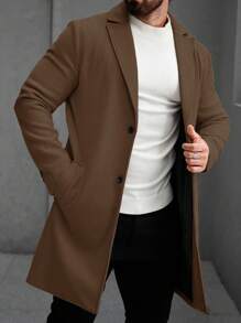 Manfinity Homme Men's Solid Color Pocket & Button Front Long Sleeve Overcoat, Autumn  Fall Clothes - Brown - View 4