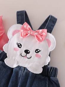 Ensemble 2 pièces pour bébé fille printemps/automne : Top manches longues unicolore + pantalon salopette en jean brodé de bandes dessinées