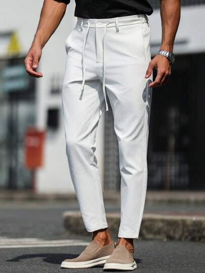 Manfinity Mode Men's Solid Color Front Tie Pocket Casual Pants, Daily Wear,White Pants