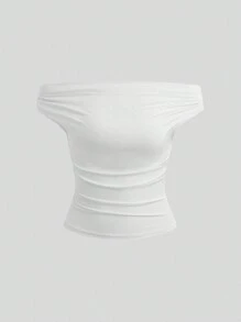 Sweetra 女士纯色露肩褶皱简约衬衫，休闲日常穿着 - 彩色 - 查看 5