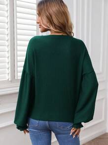 SHEIN LUNE Women's Casual Home T-Shirt With Ruffle LED Lantern Sleeves Green Round Neck For Winter New Year Christmas Women's Clothing - Green - View 4