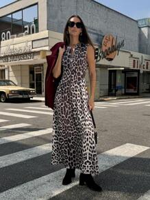 Chiquease Women's Casual Leopard Print Zipper Sleeveless Dress - Coffee Brown - View 5