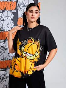 GARFIELD | SHEIN Plus Size Fashionable Street Style Cute Cartoon Graphic Cat Print Knit Loose Fit Short Sleeve Crew Neck Comfortable T-Shirt, For Summer