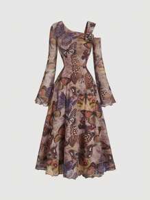 SHEIN MOD Women's Brown Butterfly Asymmetric Shoulder Flare Sleeve Long Dress,Fall/Winter Women Net Mesh Dress,Formal Dress,Western,Fairy,Pirate Dress,Vampire Dress