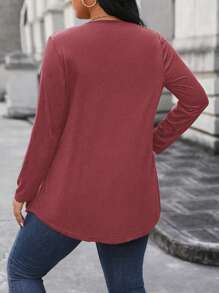 EMERY ROSE 大码纯色鸡心领拼接长袖前扣休闲 T 恤图案 T 恤女式上衣适合春季服装 - 彩色 - 查看 2