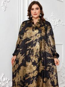 Al Najma Vestido de manga larga con estampado de grabado en caliente en estilo árabe, vestido largo modesto y casual tipo jalabiya, para fiestas de noche/invitado de boda/aniversario en talla grande - Multicolor - Ver 5