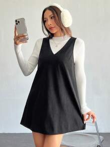 SHEIN PETITE Solid V Neck Corduroy Dress Without Sweater Fall/Winter Dresses - Black - View 4
