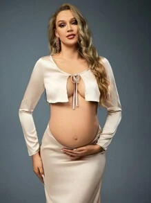 SHEIN 孕妇系带长袖开衫和可调节腰部美人鱼下摆裙子，拍照装，适合拍照