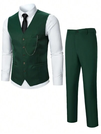 Manfinity Mode 男士秋季纯色单排扣背心和裤子商务休闲西装，男士绿色两件套，老钱风格