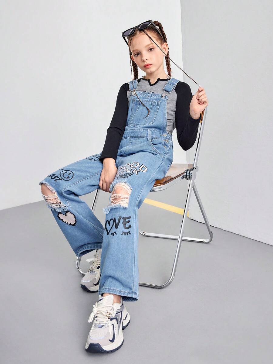 Tween Girl 休闲百搭简约个性街头印花水洗舒适蓝色牛仔连体裤和背带裤，四季百搭 - 中等水洗藍 - 查看 1