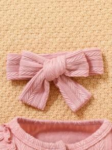 SHEIN 3 件套女婴优雅纹理连体衣、蝴蝶结头带和及膝袜，舒适冬季服装 - 粉色 - 查看 4