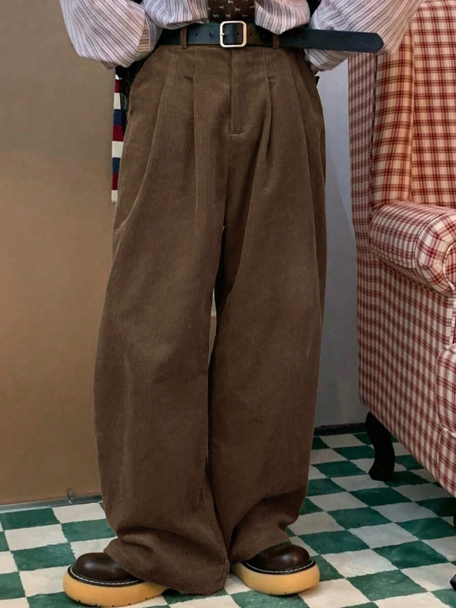 Claim Dot Loose Fit Men's Corduroy Wide Leg Pants With Slant Pockets, No Belt, For Fall Winter - Coffee Brown - View 1