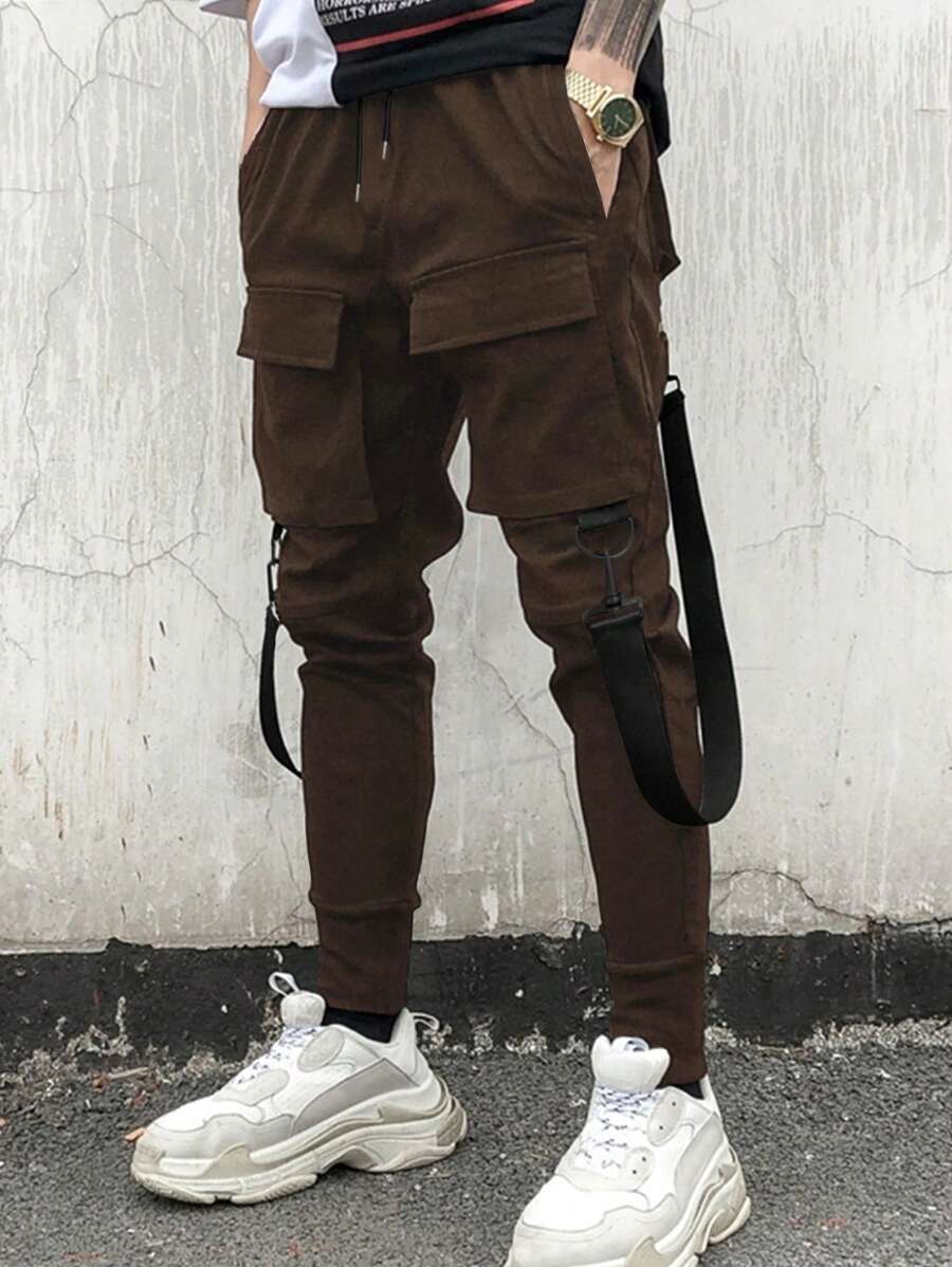 Manfinity LEGND Men's Flap Pocket Buckle Detail Drawstring Waist Loose Cargo Pants - Coffee Brown - View 1