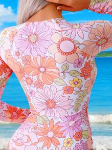 Swim SPRTY Women Front Zipper Long Sleeve All-Over Flower Print Wetsuit Summer