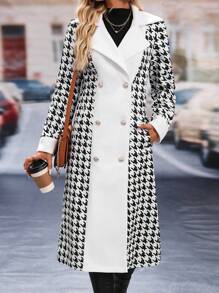 SHEIN Clasi Women's Colorblock Houndstooth Lapel Metal Double-Breasted Long Sleeve Elegant Woolen Coat, Autumn Winter