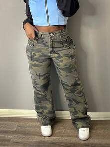 Quần Jeans Ống Đứng Cho Nữ Họa Tiết Camouflage Đường Phố Mỹ 2024 - xanh quân đội - Xem 3