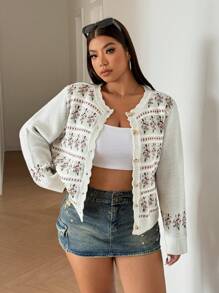 Calvaya Cárdigan con estampado floral y botones en la parte delantera para talla grande, de uso casual y diario para otoño/invierno - Multicolor - Ver 1