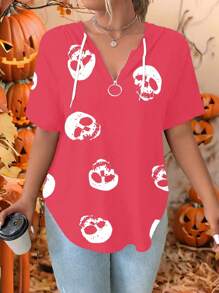 SHEIN LUNE Plus Size Women Halloween Skeleton Print Zip-Up Half Placket Short Sleeve Hooded T-Shirt