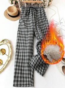 SHEIN LUNE Plus Size Women Plaid Drawstring Waist Loose Fit Wide Leg Casual Pants
