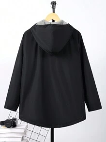 SHEIN Leap Crew 1 件青少年男童休闲百搭舒适长款宽松保暖内衬连帽衫带贴片，适合秋冬季户外穿着 - 黑色 - 查看 2