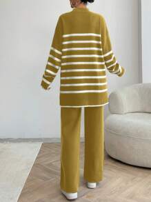 EURMUSE Women Stripe Pattern Button Detailed Round Neck Drop Shoulder Pullover & Sweater Pants Set - Mustard Yellow - View 2