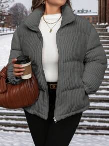 SHEIN LUNE Plus Size Women Christmas Green Geometric Pattern Regular Loose Fit Stand Collar Zip-Up Padded Coat, Winter Thickened  Jacket & Parkas Winter Coat