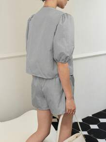 INAWLY 2 pièces/Set Top à manches bouffantes avec nœud devant et short décontracté pour femmes grande taille en tartan - Noir et Blanc - Voir 2