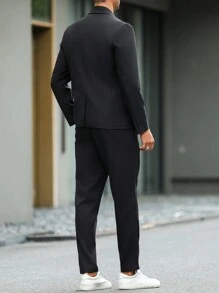 Manfinity Mode 2pcs Plus Size Men Casual Shawl Collar Jacket & Pants Suit Set, Autumn - Black - View 2