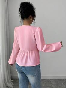 INAWLY Áo Peplum tay dài buộc nơ phía trước giản dị rộng rãi - Hồng - Xem 2