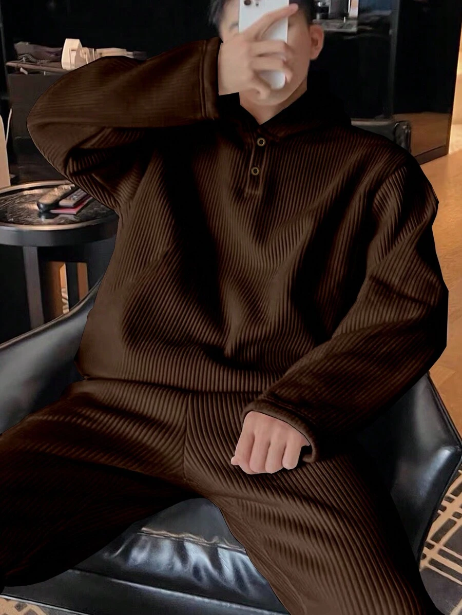 Claim Dot Men Solid Hooded Drop Shoulder Sweatshirt & Pants - Chocolate Brown - View 1