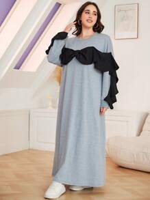 Mulvari Plus Size Women Bow Decor Contrast Color Ruffle Sleeve Sweatshirt Dress, Autumn