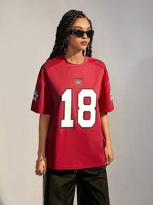 SHEIN EZwear Women's Streetwear Sportswear Athleisure Blokecore  Red Number Letter Print Tee - Red - View 6